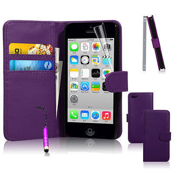 Purple Real Pu Leather Flip Book Case Cover For iPhone 6 6S + Screen Protector